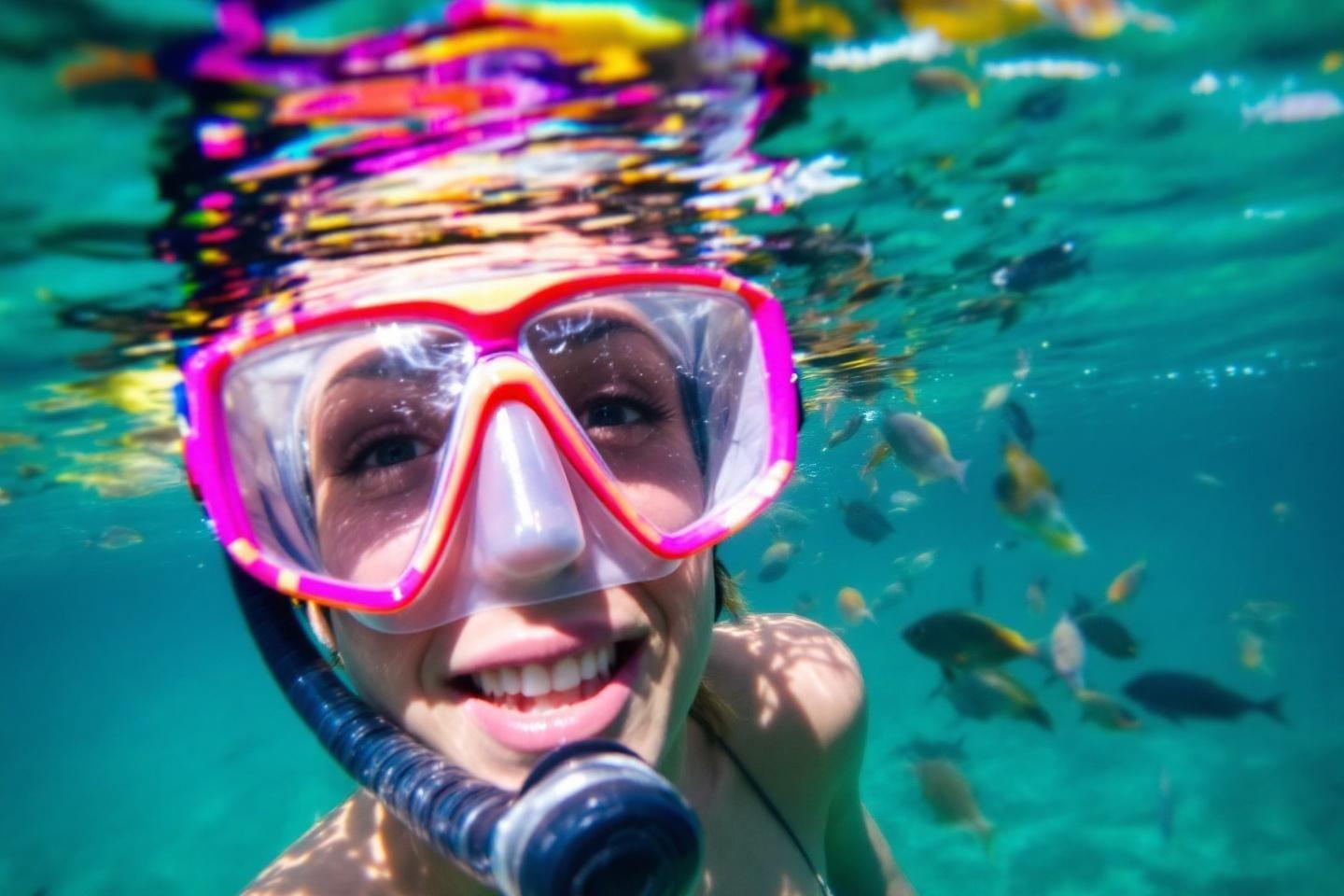 Plongeur souriant avec masque rose dans l'eau turquoise