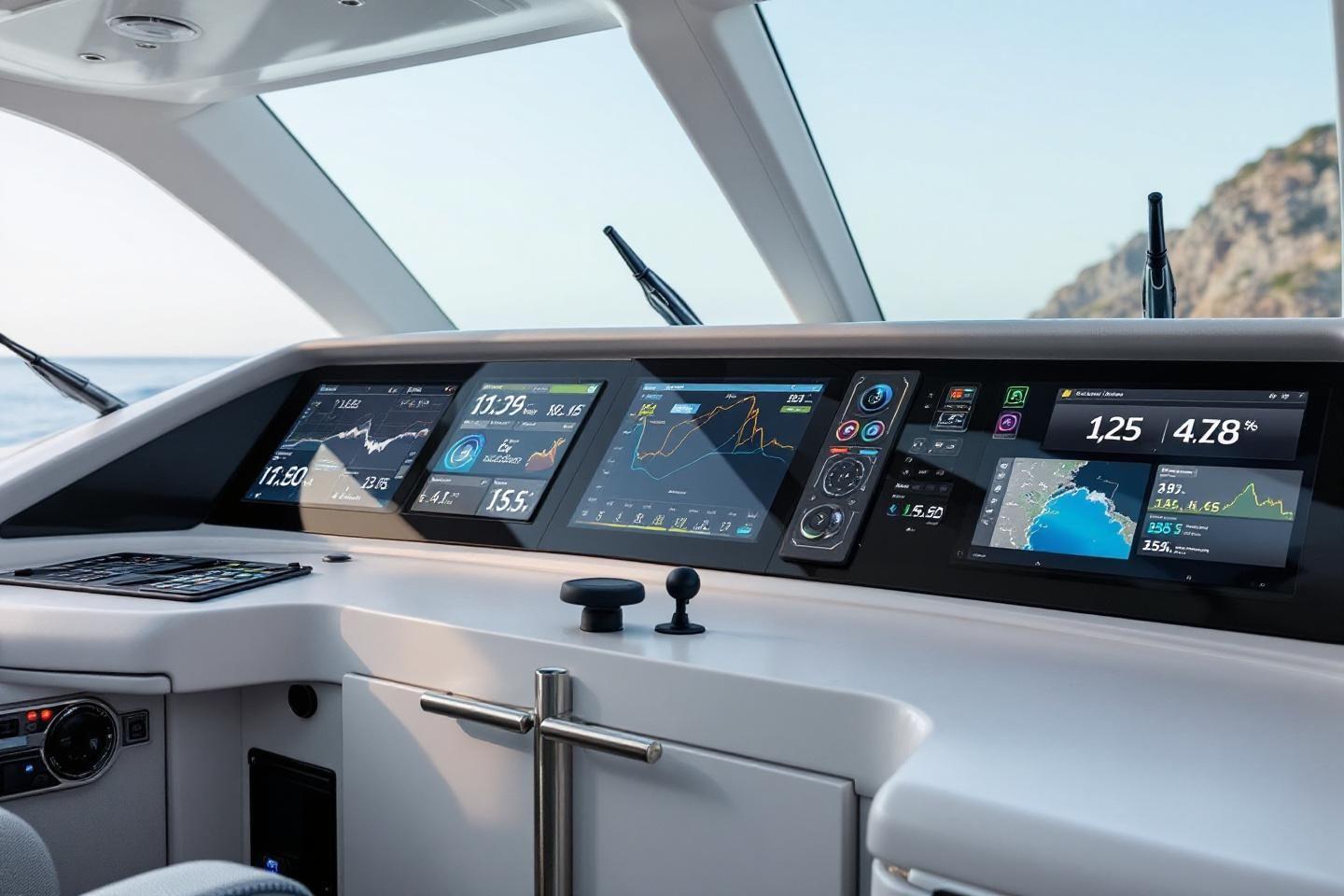 Écrans numériques sur la console d'un yacht de luxe en mer