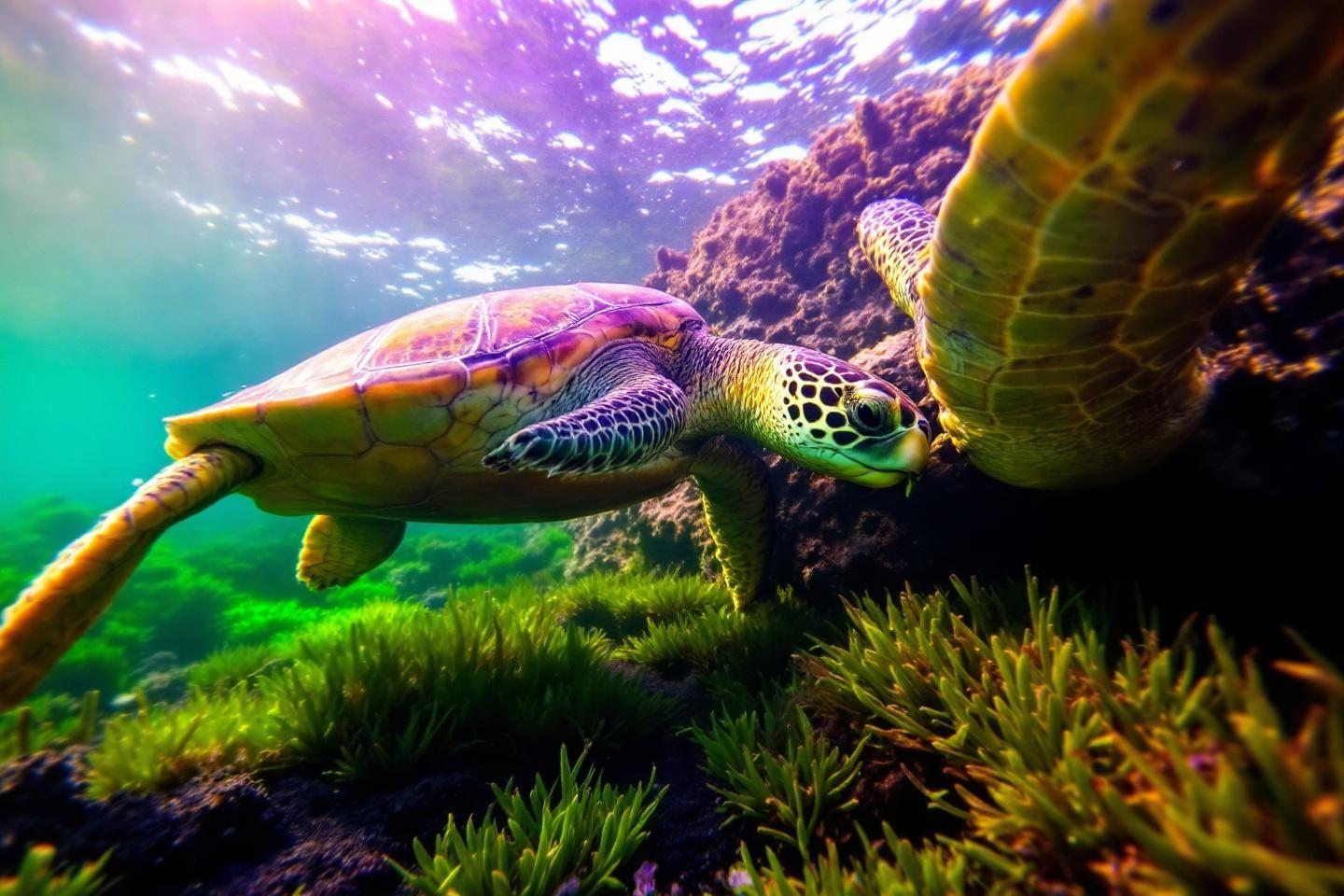 Tortue de mer nageant près des coraux et herbiers marins