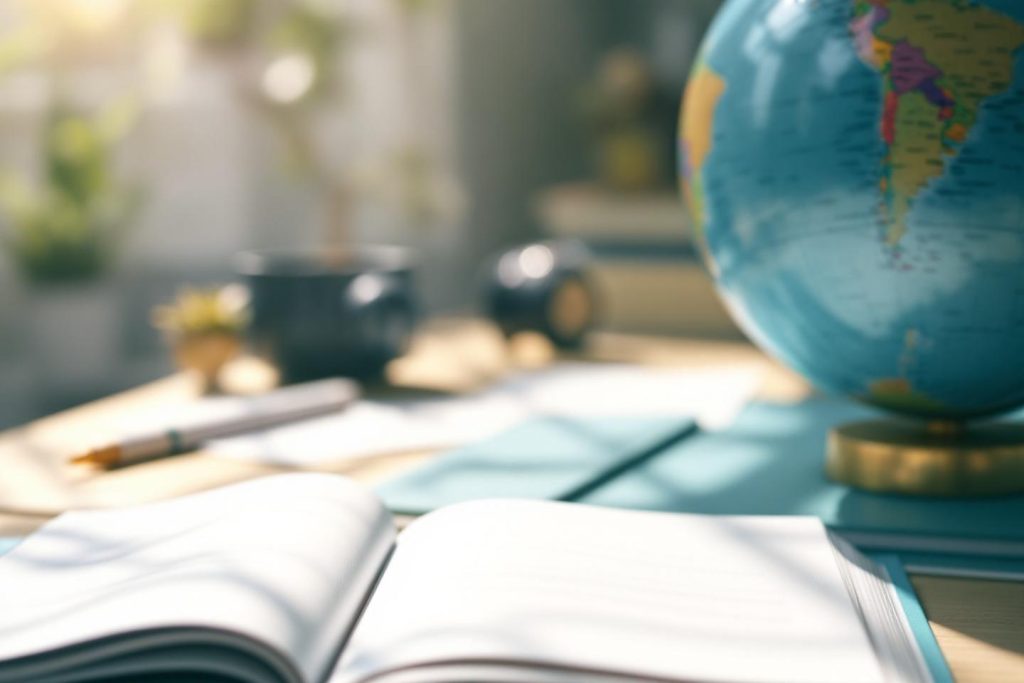 Globe, livres ouvert et matériel de bureau sur une table