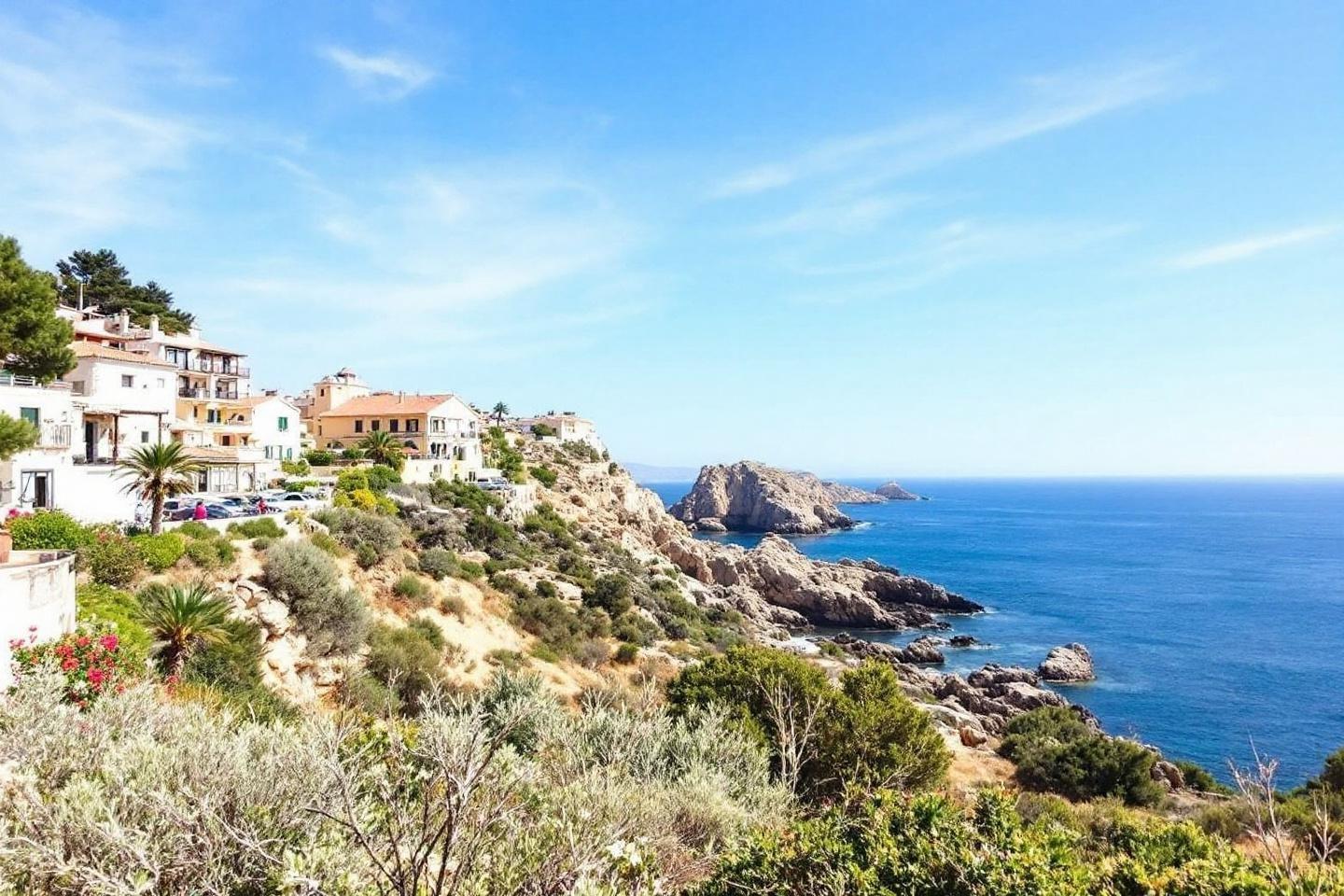 Maisons blanches sur falaise rocheuse surplombant mer bleue