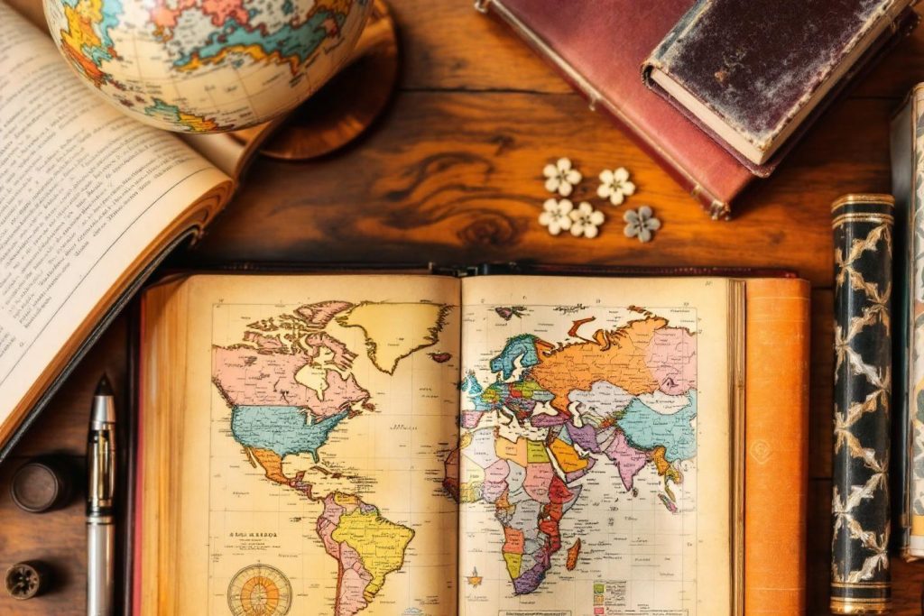 Livre ouvert avec carte du monde ancien, globe terrestre et stylo