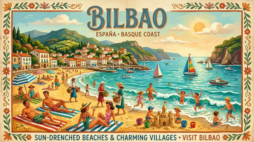 Affiche rétro représentant une plage animée de Bilbao, Espagne