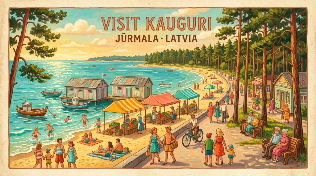 Affiche touristique rétro plage côtière Kauguri Jurmala Lettonie