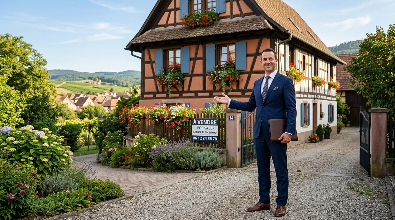 Agent immobilier présente maison à colombages à vendre en Alsace