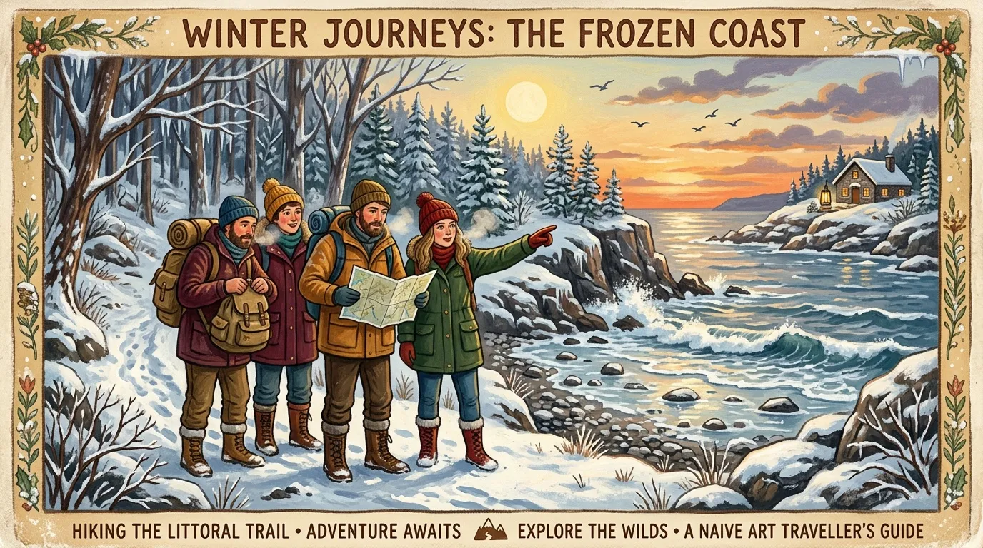 Quatre randonneurs explorant une côte enneigée en hiver avec carte.