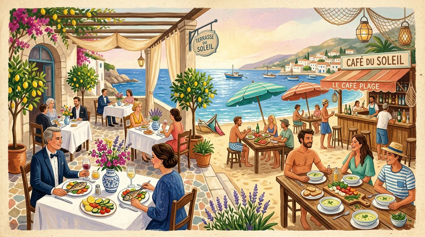 Restaurant côtier avec terrasse élégante et plage animée en arrière-plan