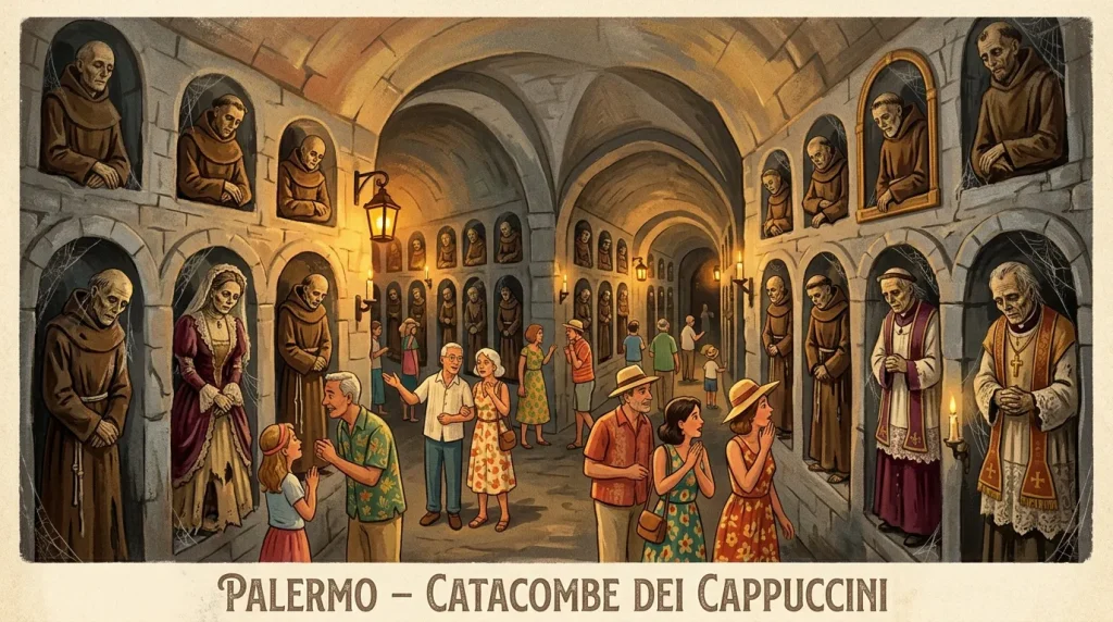 Visite souterraine dans les catacombes avec statues de moines
