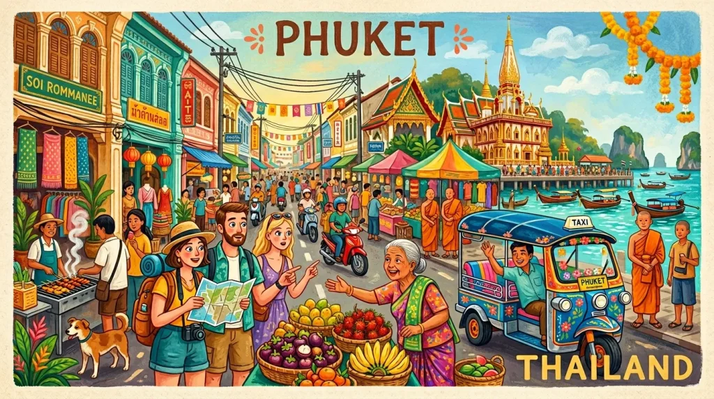Illustration vibrant de Phuket avec touristes, temples, marchés et taxis