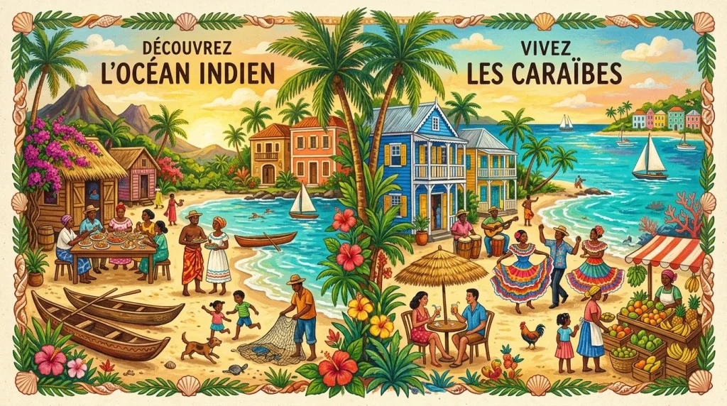 Illustration colorée de deux régions tropicales avec plages, maisons, habitants et activités