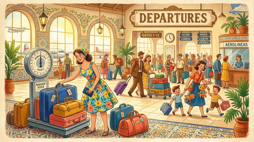 Famille à l'aéroport avec bagages, années 1950, style vintage