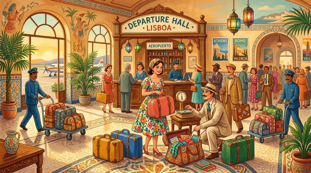 Hall de départ d'aéroport vintage avec voyageurs et bagages colorés