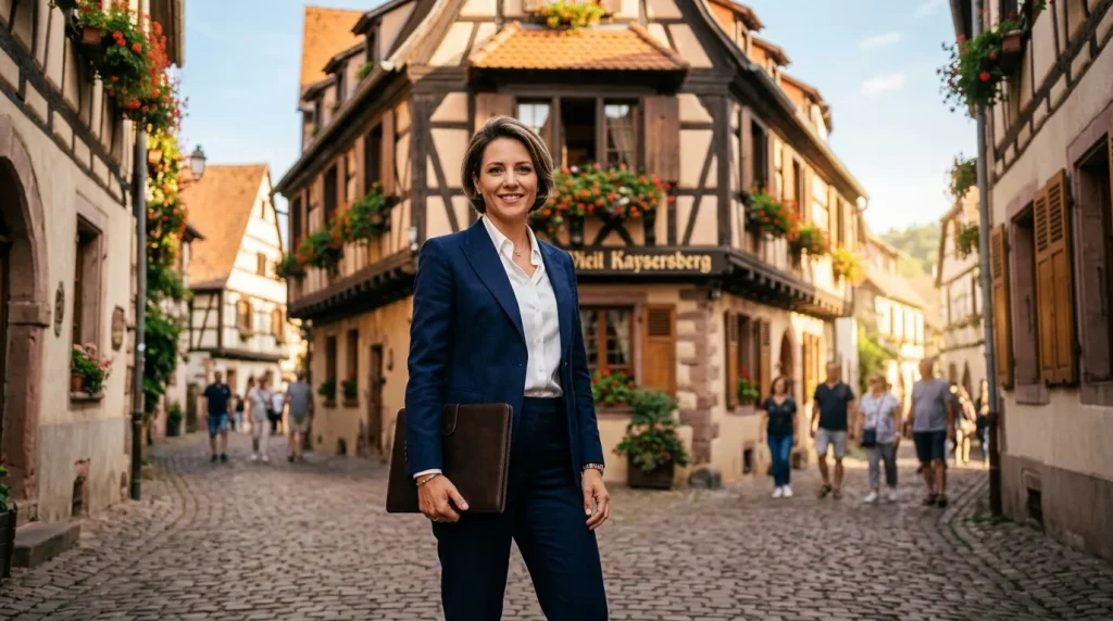 Femme en costume bleu marine souriante dans rue pavée historique