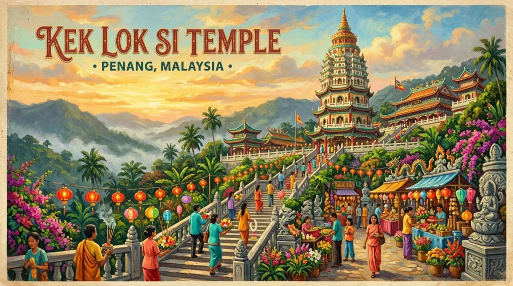 Temple bouddhiste coloré avec lanternes et visiteurs en montagne