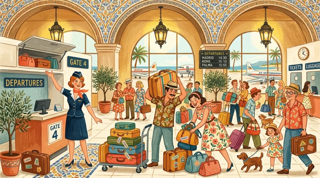 Illustration vintage d'un aéroport avec voyageurs et bagages colorés