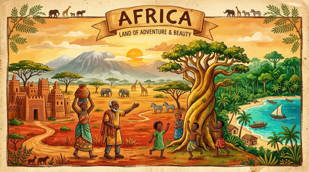 Illustration colorée montrant paysages africains, habitants et faune sauvage.