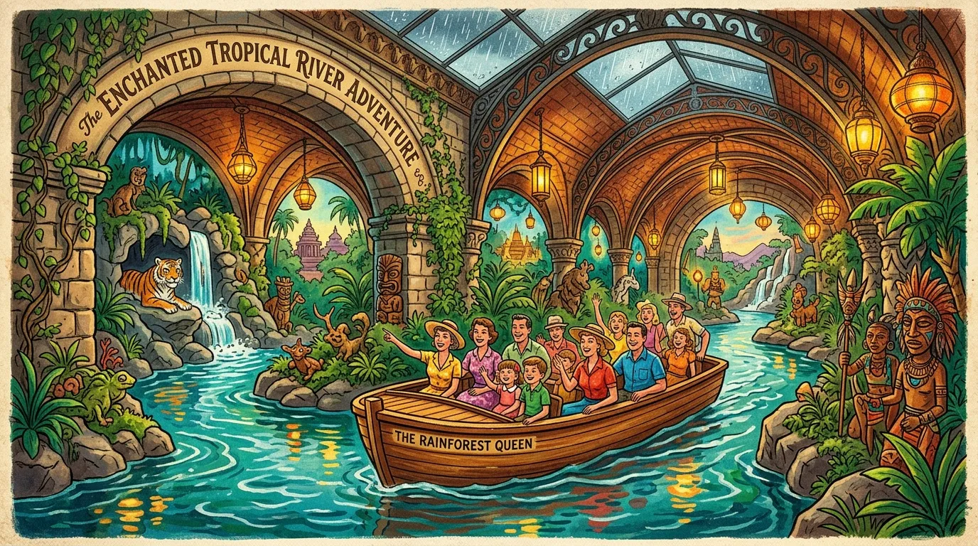 Bateau touristique naviguant sur fleuve tropical avec arches architecturales