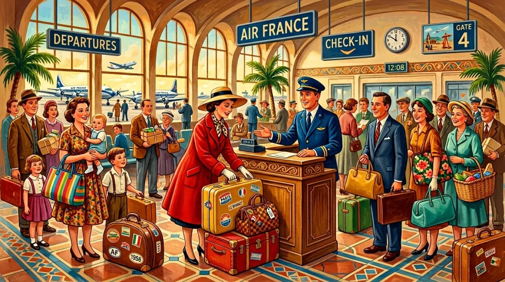 Aéroport vintage Air France avec passagers et personnel années 1950