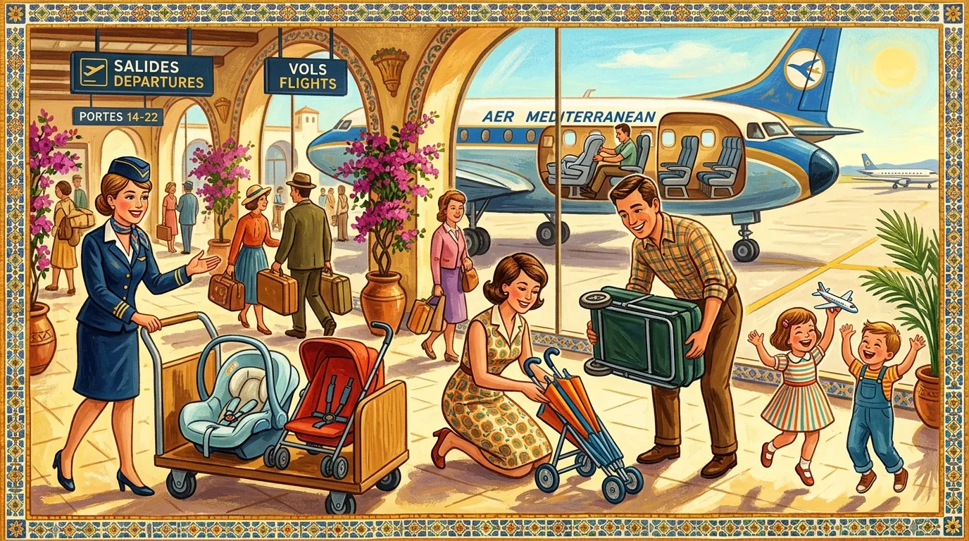 Famille à l'aéroport vintage avec avion Aer Mediterranean