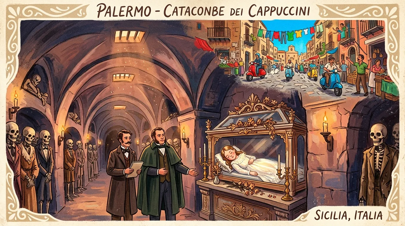 Catacombes souterraines avec squelettes et visiteurs vivants