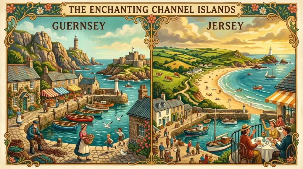 Affiche vintage Guernesey et Jersey, îles côtières pittoresques