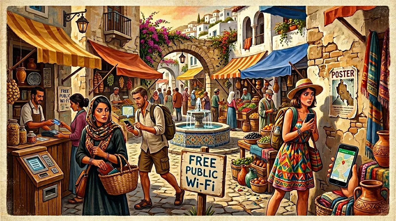 Place de marché historique avec habitants utilisant smartphones et Wi-Fi gratuit