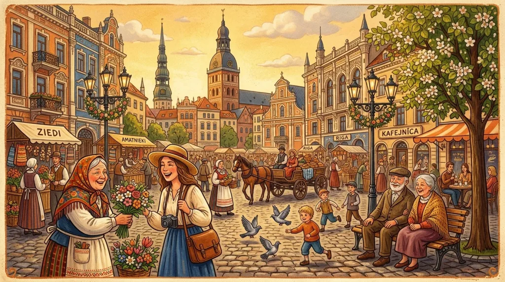 Place animée de Riga avec marchands, habitants et architecture historique.