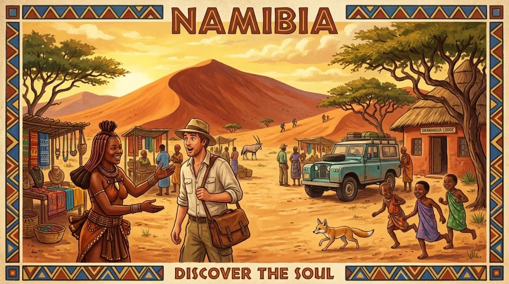 Affiche vintage Namibie avec safari, lodge et rencontres culturelles.