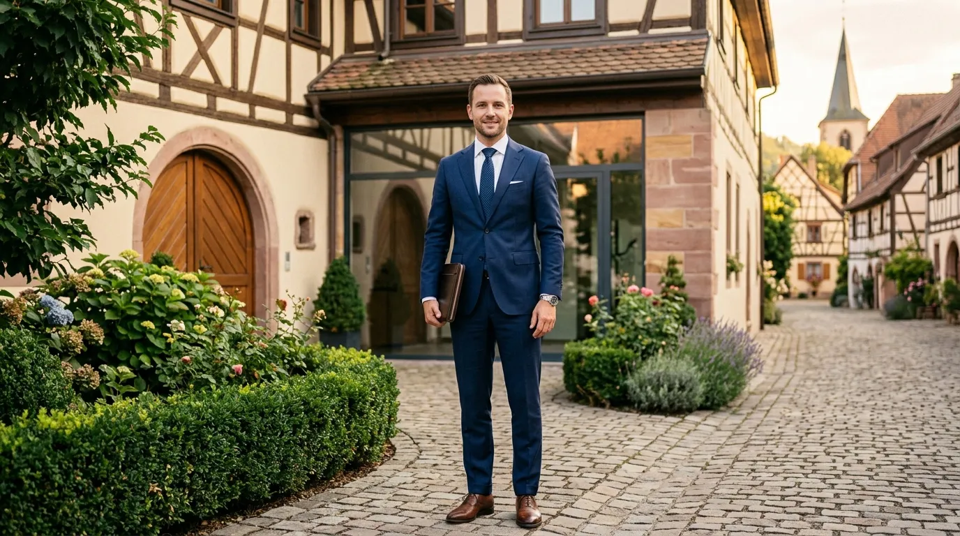 Homme en costume bleu posant dans une ruelle médiévale pavée