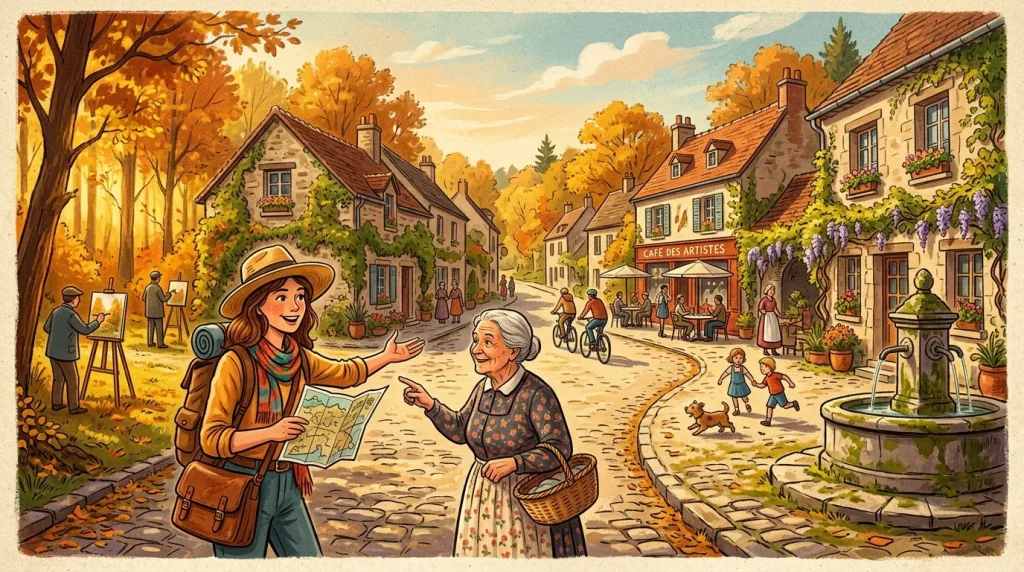 Femme voyageuse montre sa carte à une habitante dans un village automnal européen