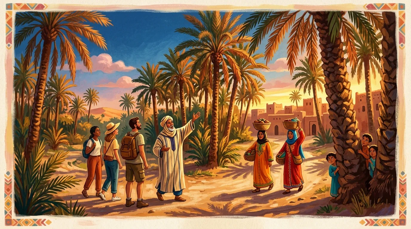 Voyageurs et habitants se rencontrent dans une oasis avec palmiers et kasbah