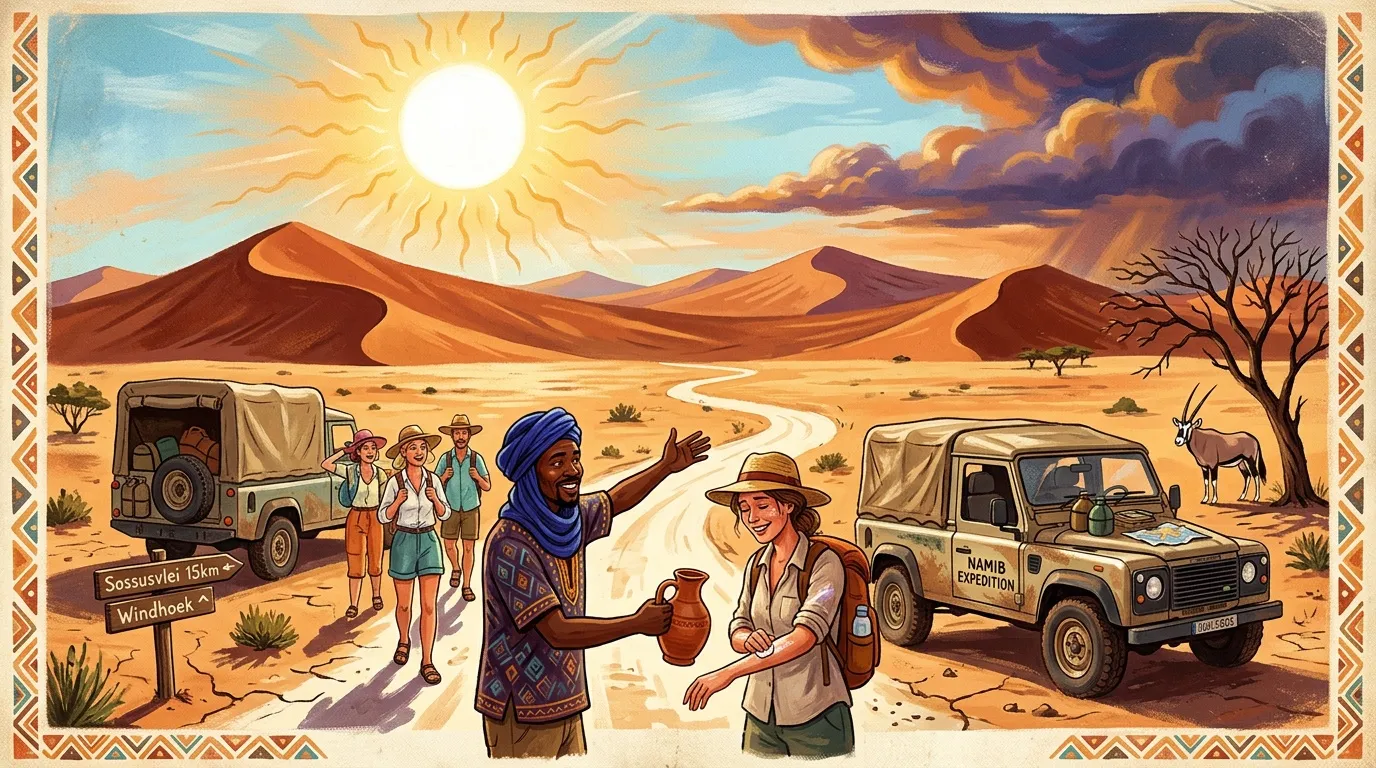 Explorateurs et guides échangent dans le désert africain sous le soleil