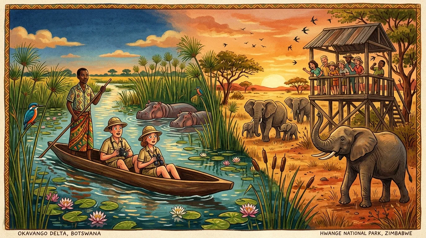 Touristes explorent le delta et parc national africains en bateau et observatoire
