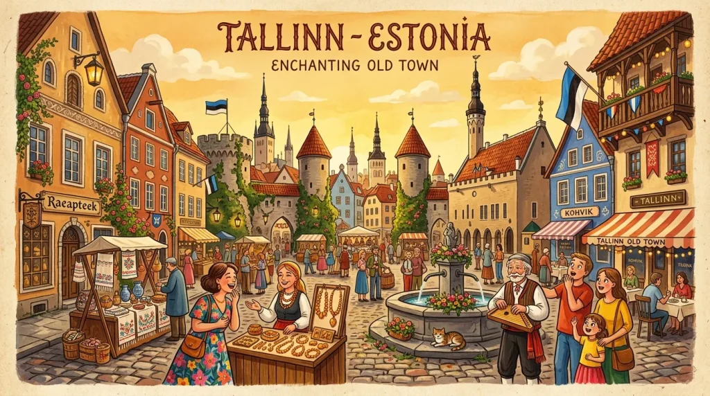 Illustration colorée de la vieille ville de Tallinn avec architecture médiévale et habitants