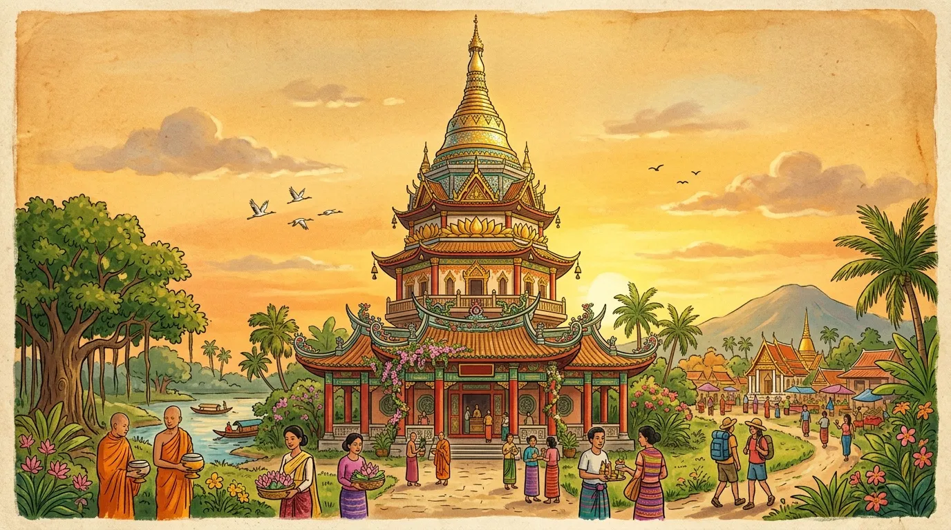 Temple doré avec pagode, moines et fidèles en prière