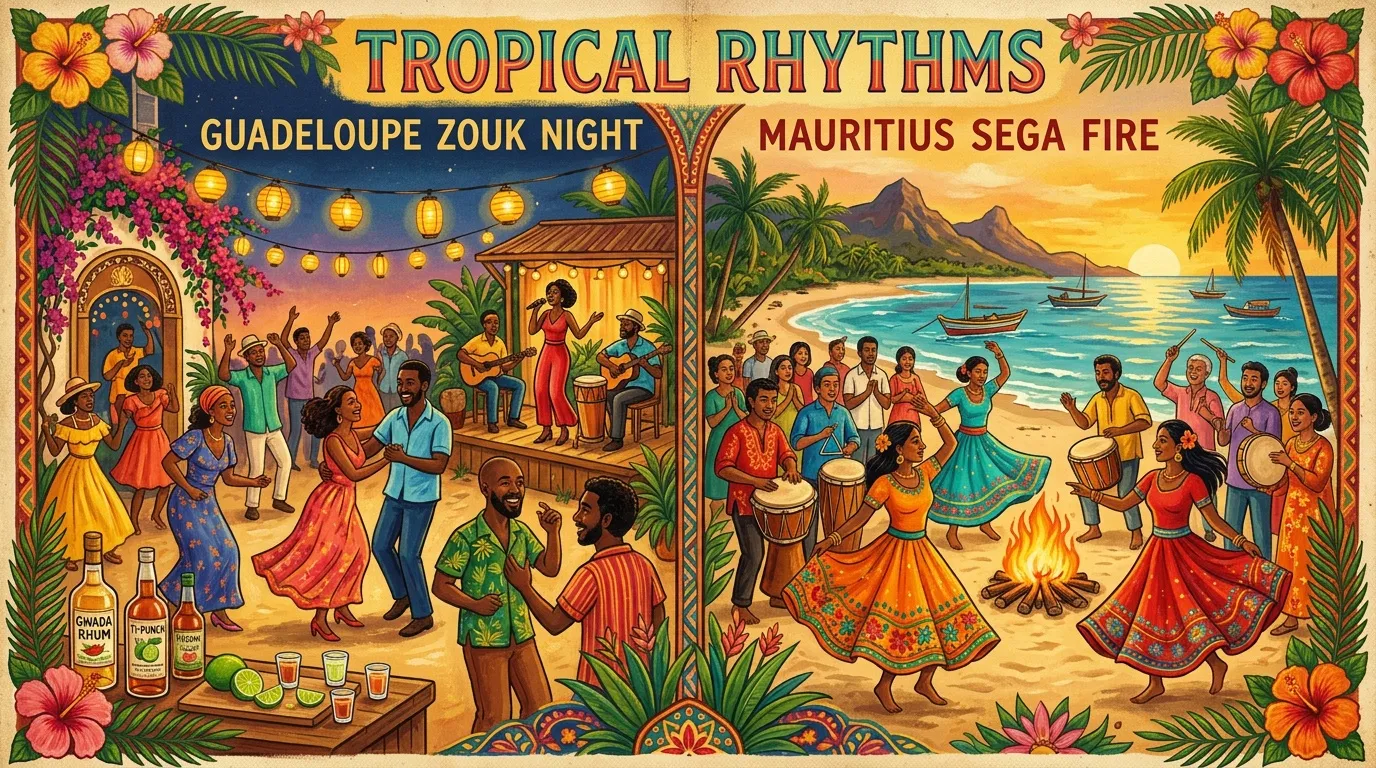 Célébrations nocturnes à Guadeloupe et Mauritius avec musiques, danses.