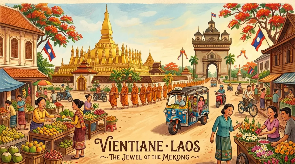 Illustration colorée de Vientiane montrant temples dorés, moines et vie locale