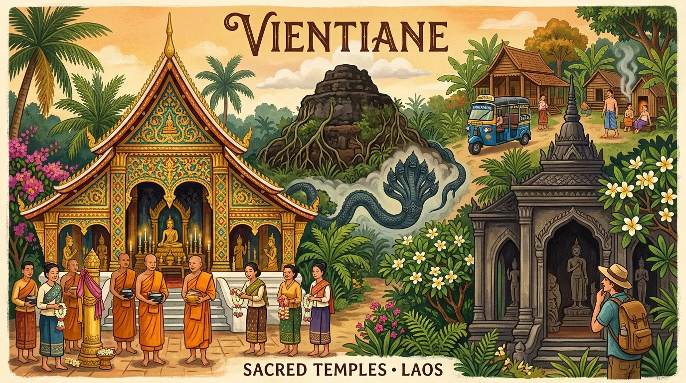 Illustration des temples bouddhistes dorés et paysages du Laos