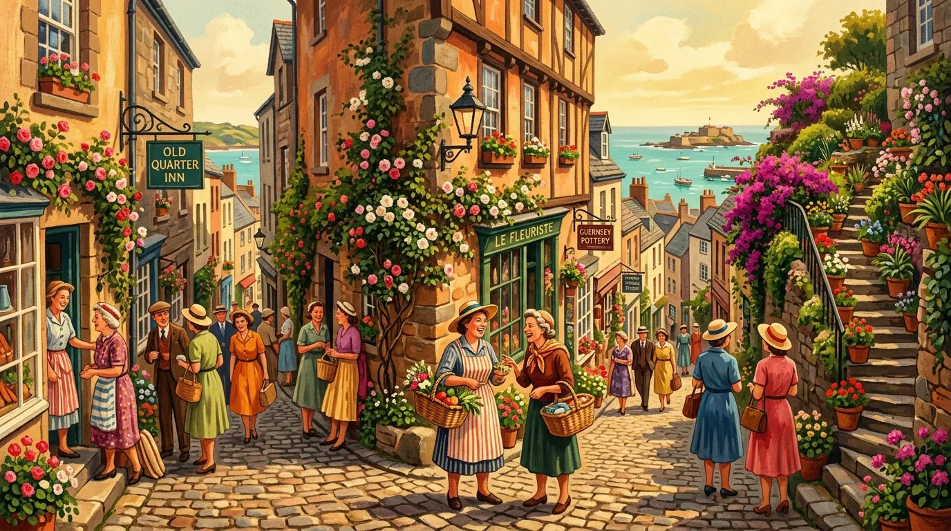 Rue pittoresque avec maisons colorées, fleurs et habitants en tenue vintage