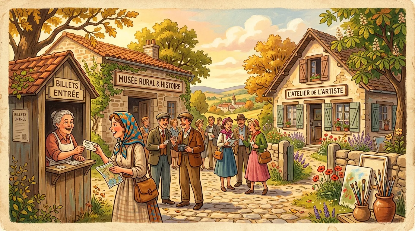 Visiteurs devant musée rural et atelier d'artiste villageois