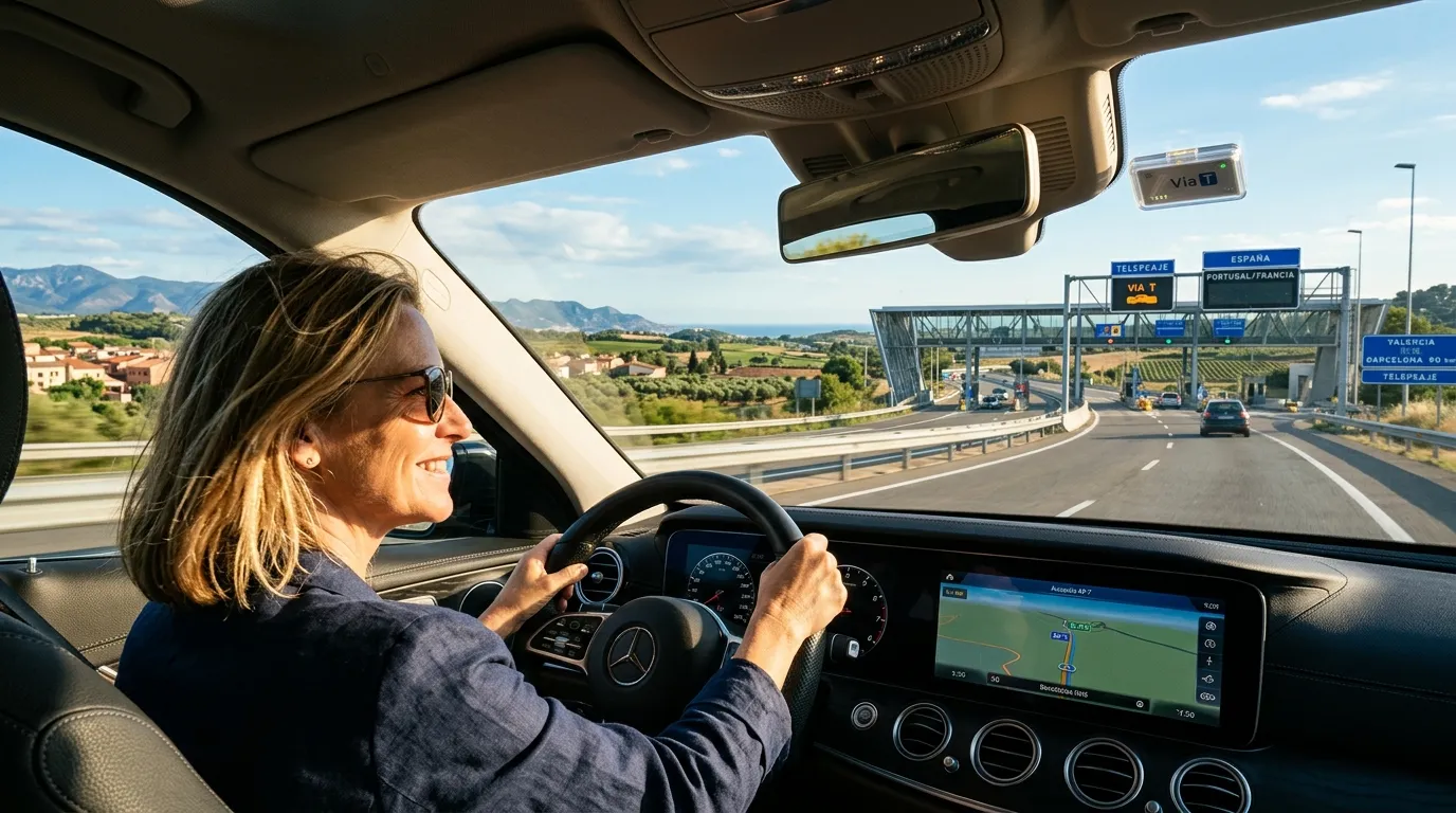 Femme conduisant une Mercedes sur autoroute avec péage en Espagne