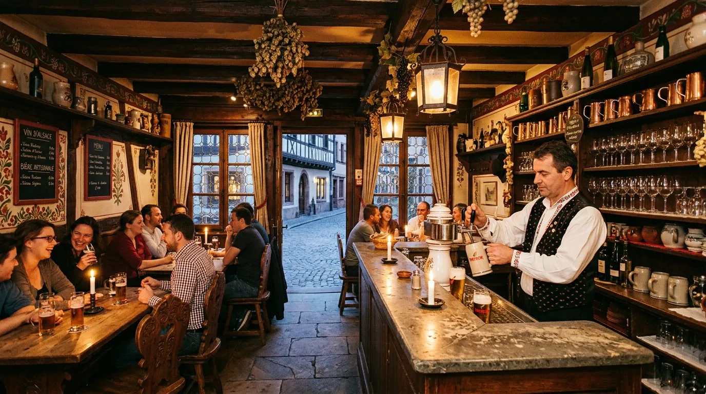 Bartender servant clients dans taverne alsacienne traditionnelle décorée