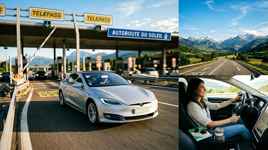 Tesla blanche à péage autoroutier avec montagnes enneigées