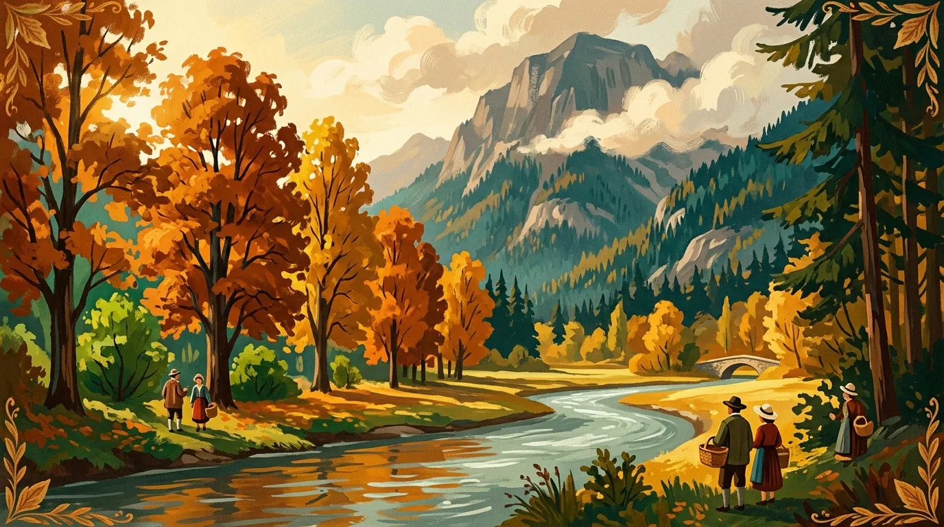 Paysage automnal avec rivière, montagnes et promeneurs