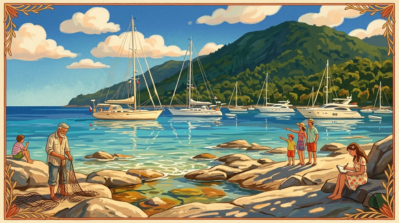 Famille à la plage contemplant des voiliers dans une baie montagnarde.