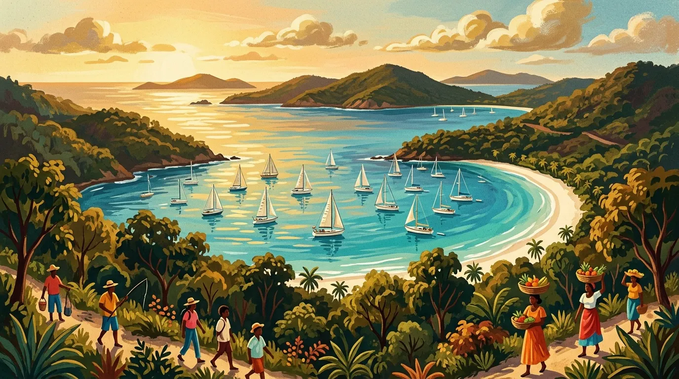 Baie idyllique avec voiliers, plage de sable et vegetation tropicale