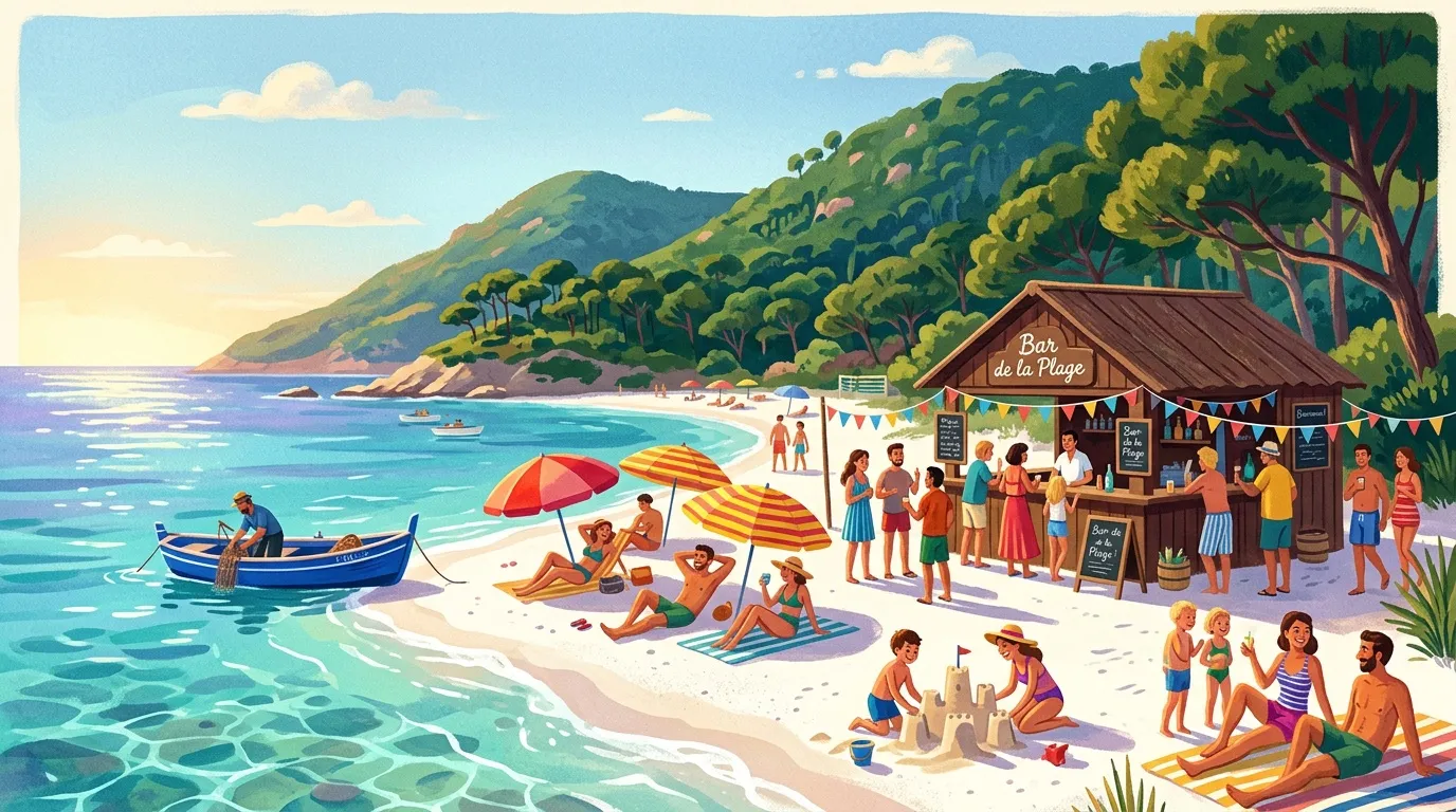 Plage animée avec bar, vacanciers, bateau et montagnes verdoyantes