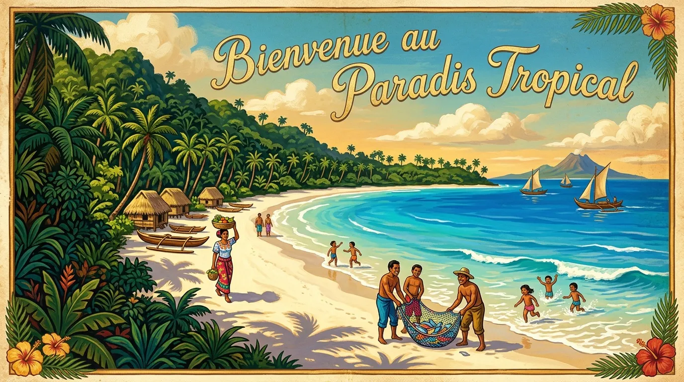 Plage tropicale avec village côtier, habitants, bateaux et montagne
