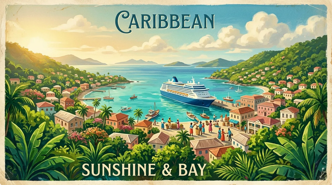 Bateau de croisière dans une baie tropicale caribéenne avec villages colorés