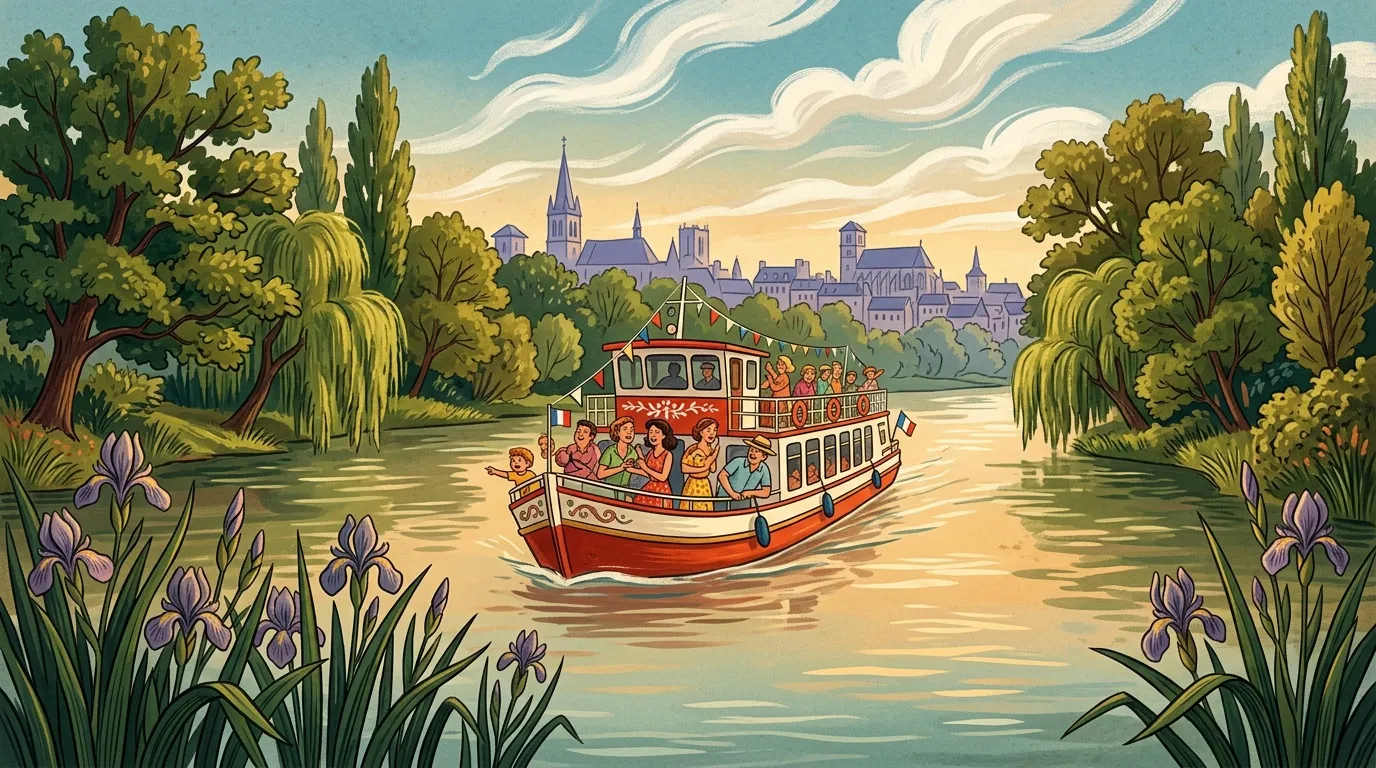 Bateau touristique rouge naviguant sur fleuve avec ville médiévale